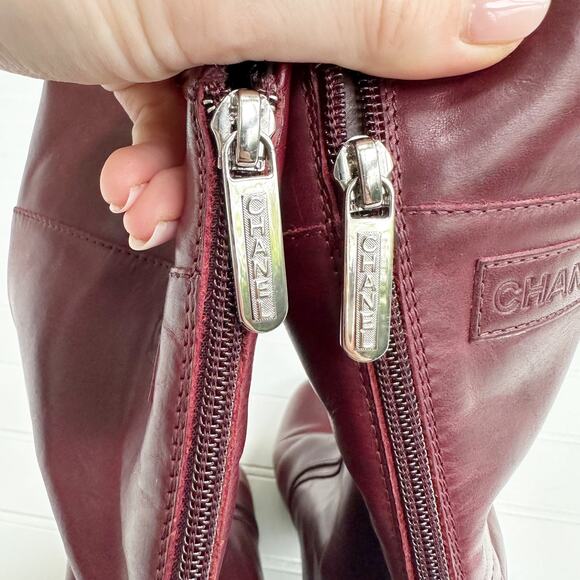 Chanel CC Burgundy Leather CC Quilted Diamond Stitched Block Heel Boots Calf 38 - Picture 7 of 13